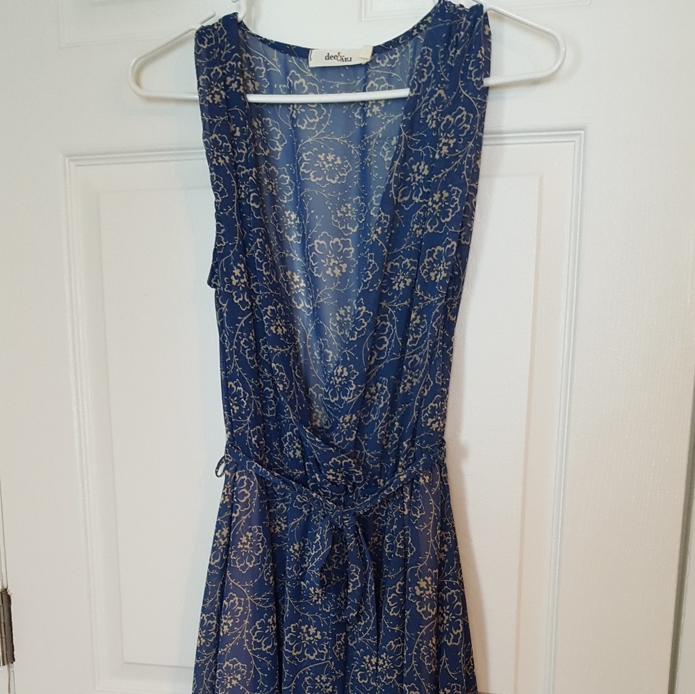 Blue floral dress, asymmetrical hem, sheer, M